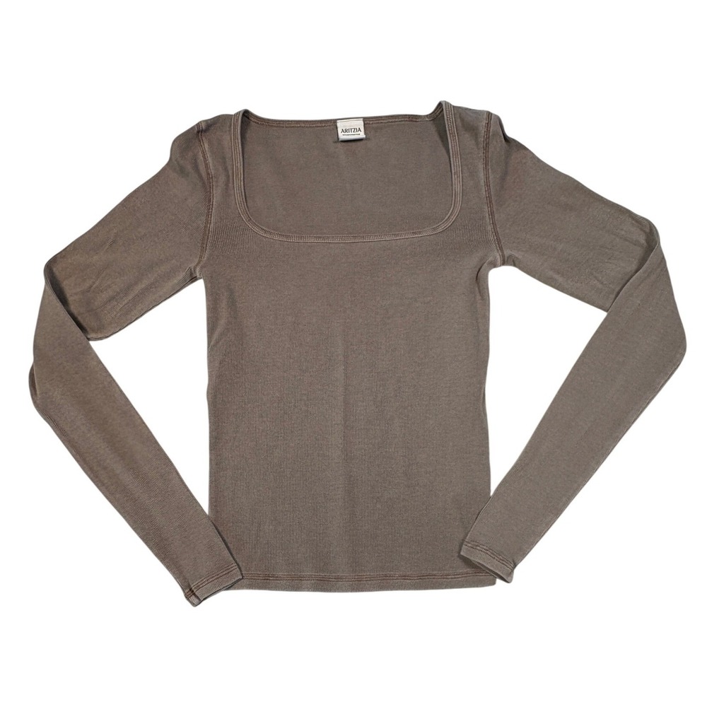 Aritzia Homestretch Square Neck Long Sleeve Top Taupe Brown XS 124480